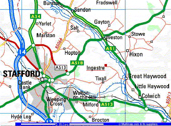 Multimap showing situation of Ingestre at 5miles:4ins scale