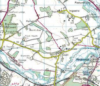 OS Map showing Tixall footpaths and bridleways